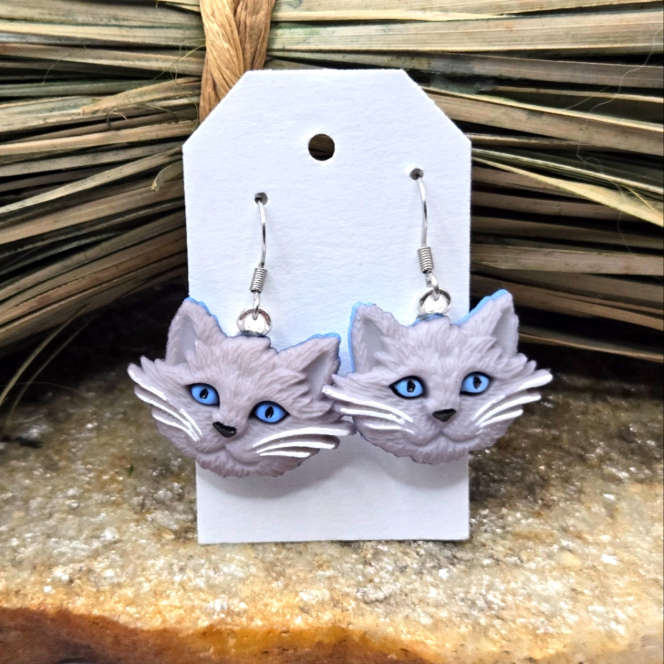 Fluffy Gray Cat Earrings Pierced Cat Lady Dangle Drop Jewelry Light Weight Nwt 15$